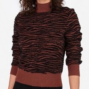Express Negin Mirsalehi Fuzzy Mock Neck Crop Sweater Animal Print Brown/Black XS